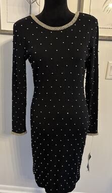 VTG 80's ET AL Dress Bodycon Black Sweater Gold Bead V-Back Long Sleeve Sz6 NEW